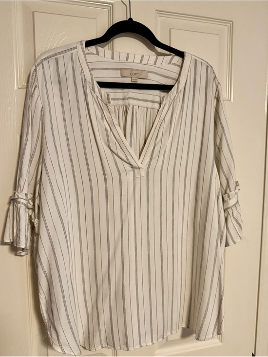 LOFT Tops - LOFT White Striped Split Neck Shirt